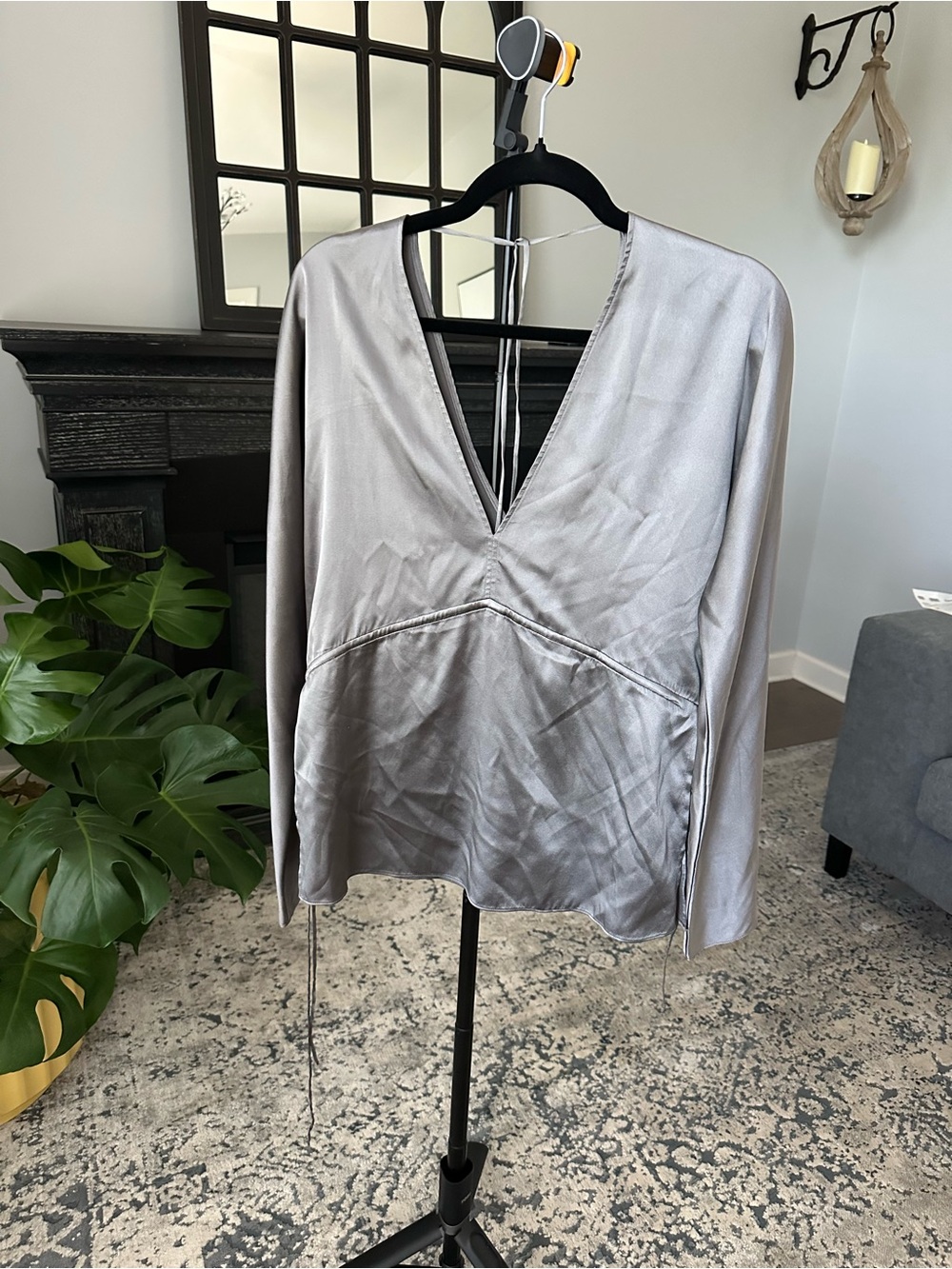 Elizabeth and James Silver V-Neck Satin Blouse